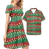 AmzPrint Couple Christmas Shirt and Dress Womens Elegant Short Sleeve Round Neck Cocktail Party Green Xmas Swing Dress