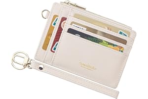 WIKAVANLI Women Slim Rfid Blocking Credit Card Case Holder Wristlet Zip ID Case Wallet Small Compact Leather Wallet Coin Purse with Keychain (Beige)