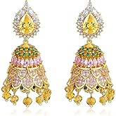 Unurgoonit Gold Plated Bell Shaped Drop Earrings for Women, Indian Statement Dangle Earrings with Colorful Crystals, Wedding & Party Jewelry
