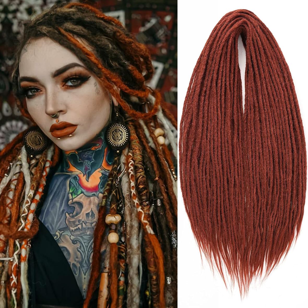 Leeven 24 Inch Copper Red Dreadlock Extension 10 Strands Auburn Double Ended Dreadlocks 0.6 Width Soft Dreads Extensions Synthetic Hippie Dreads /350# โ image 1