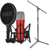 Rode NT1 Signature Red Condenser Microphone Bundle with Tripod Boom Stand | Large-diaphragm cardioid mic for singing, podcasting &amp; streaming with SM6 shock mount, pop filter and adjustable stand