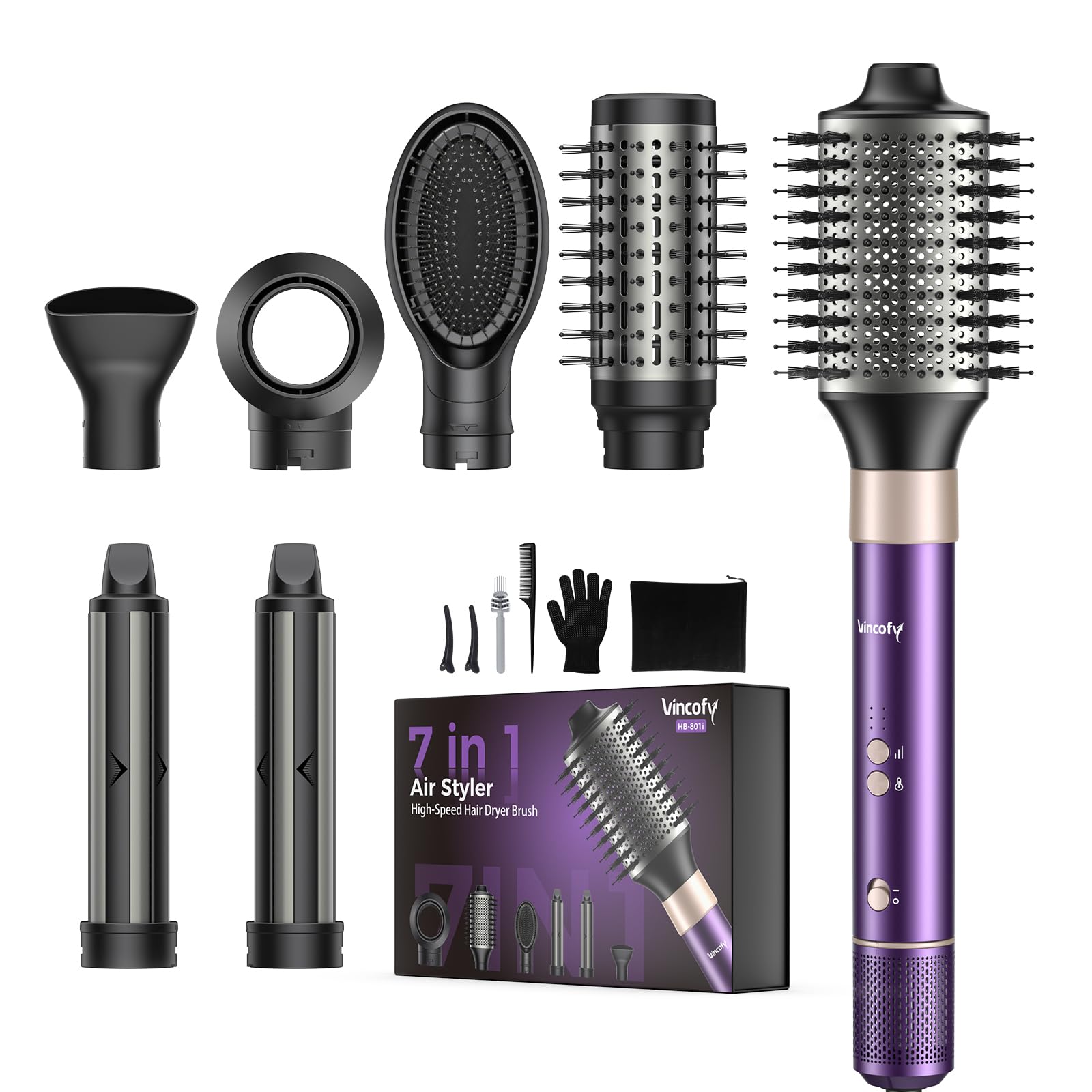 Photo 1 of Vincofy 7-in-1 Hair Dryer Brush and Hair Styler Set – Fast Drying, Curling, Straightening & Volumizing – Hot Air Styling Tool with No Heat Damage – for All Hair Types – Purple
