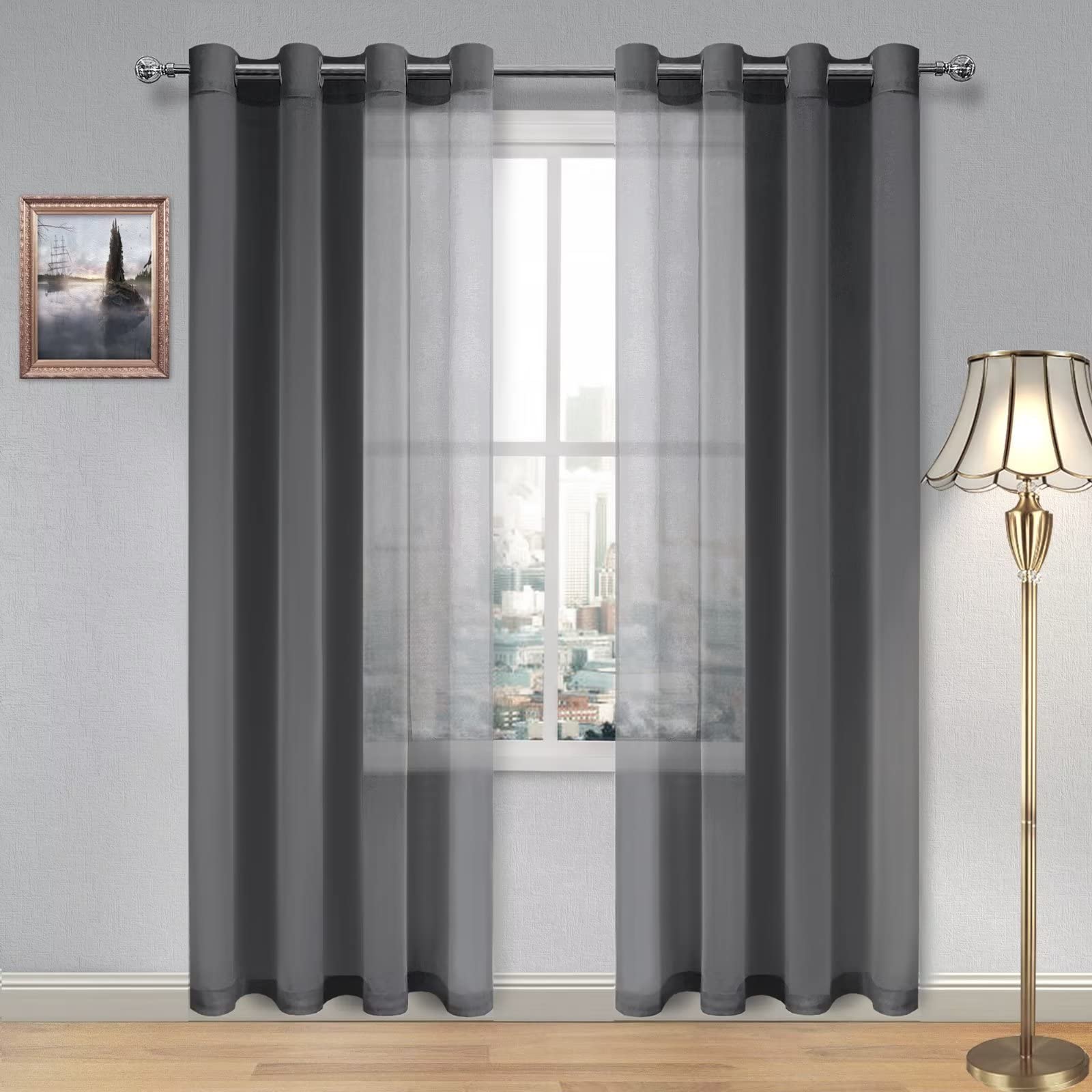 DWCN Dark Grey Sheer Curtains Textured Semi Transparent Eyelet Top Decorative Voile Curtain for Living Bedroom, 55" Wide x 96" Drop, 2 Panels