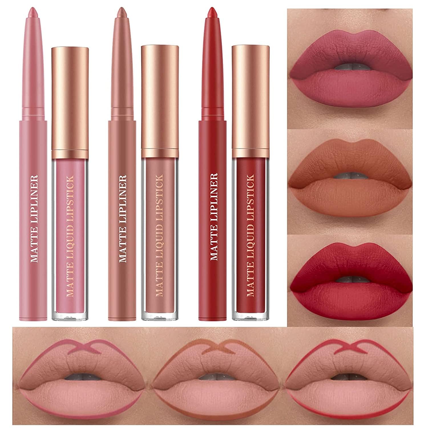 6PCS Matte Liquid Lipstick Lip Liner Set, Velvety Nude Lipgloss Waterproof Non-Stick Cup Not Fade Liquid Lipstick Lipliner Make Up Gift Set (Set F) — image 1