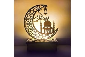 OUNIY Eid Crafts Night Light Ramadan Mubarak Light 3D Wooden Moon Shape LED Light Decoration, Ramadan Mubarak Lamp Eid Ornaments for Muslims, Ramadan, Islamic Table Decorations - Places