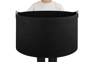 OIAHOMY 90L Large Blanket Basket with Handle, Blanket Storage for Living Room 23" x 23" x 13", Laundry Basket for Blankets, Pillows, Large Woven Rope Baskets for Kids, Dogs Toys - Black