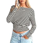 Navneet Women Boat Neck Striped Long Sleeve Shirt Cinched Waist Y2K Going Out Fitted Crop Top
