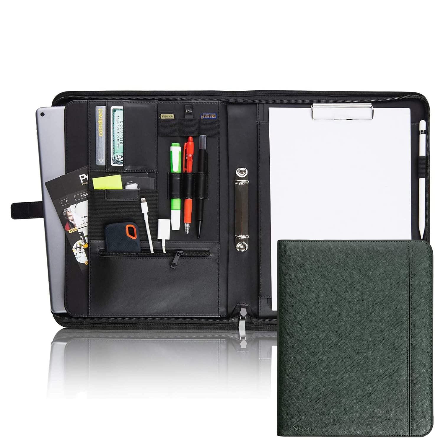 Vebon® Writing Case Ring Binder A4 "Paris" I Zip + Clipboard I Document Folder + Laptop Bag I Extra Storage Space I Faux Leather, pine green