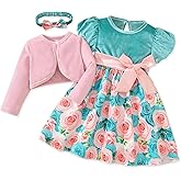 fioukiay Baby Girls Dress and Velvet Cardigan Sets Infant Girls Casual Floral Print Fall Dresses Winter with Headband