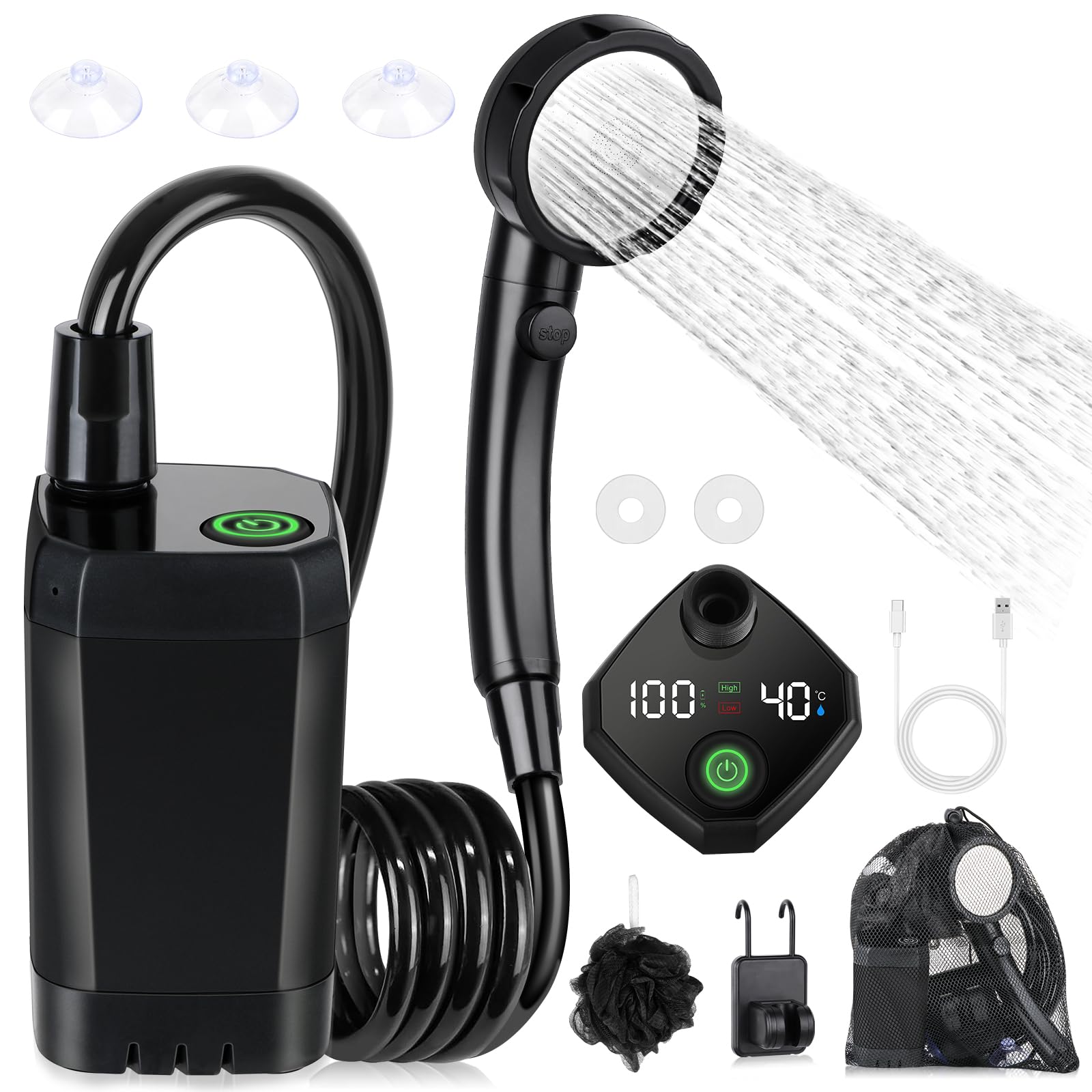 Photo 1 of Spopal Portable Shower for Camping, [Long-Lasting] 6000mAh Rechargeable Camping Shower with Intelligent LED Display, 4 Spray Modes, IPX7 Waterproof Outdoor Camp Pump for Hiking, Travel, Car, Pet(Bk)