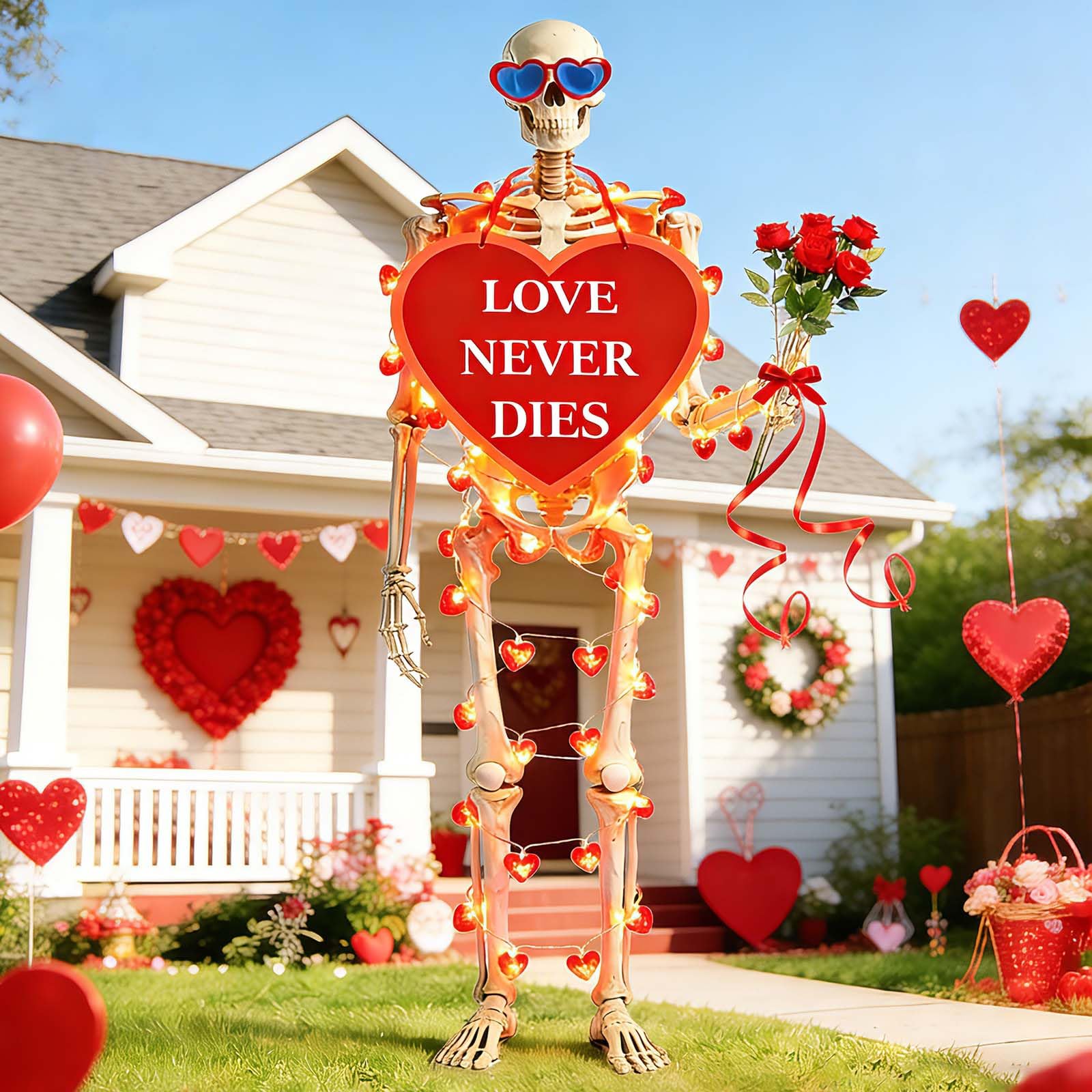 Photo 1 of 12FT Skeleton Valentine Outfit, Giant Skeleton Clothes Accessories with LED Heart Light String, Sunglasses, Roses & Heart Hanging Sign, Romantic Outdoor Lawn & Garden Display, Skull Not Included