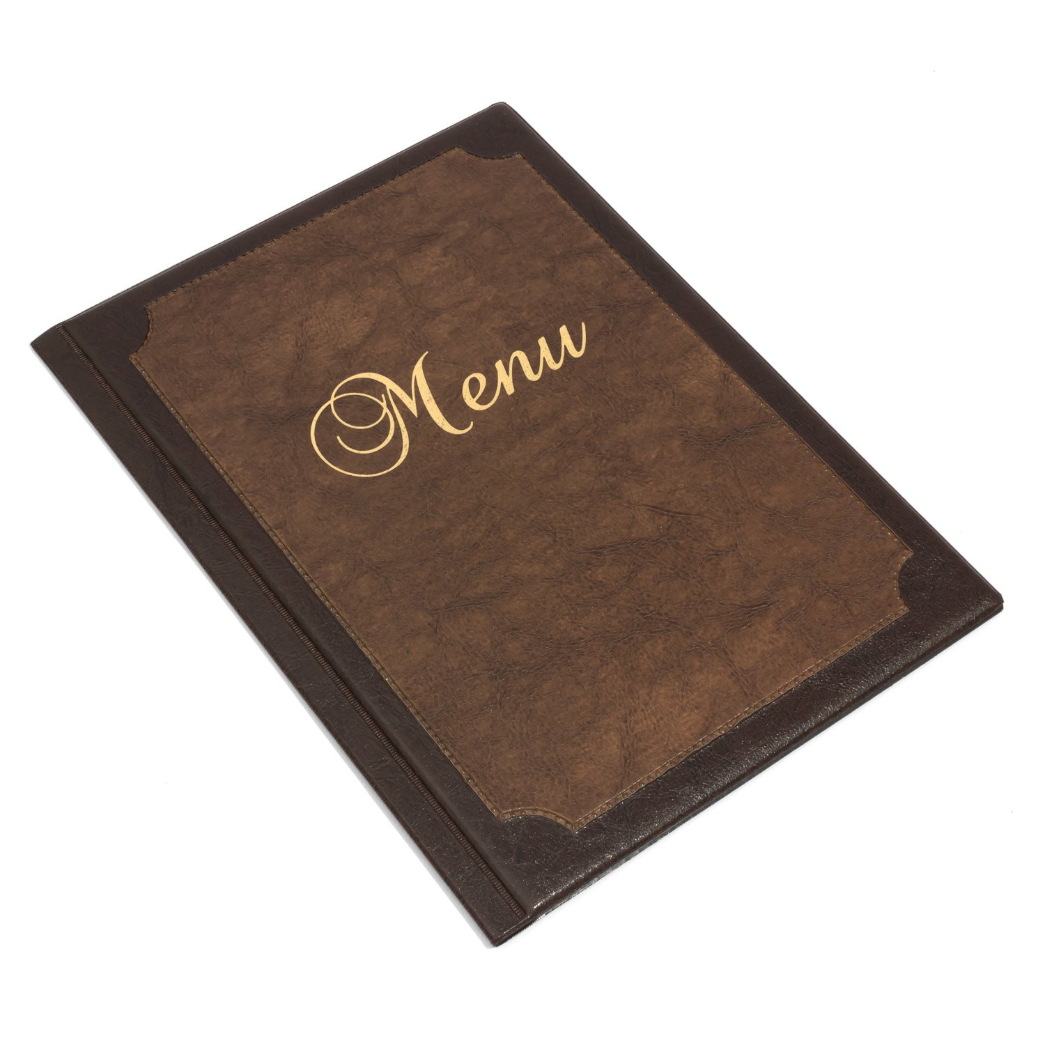 Brown A4 artificial leather restaurant menu folder with 6 transparent sleeves, available in 2