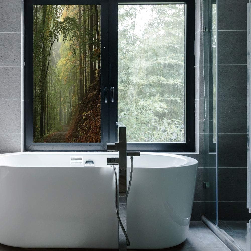C COABALLA Stained Glass Window Film,Forest,for Bathroom Shower Door