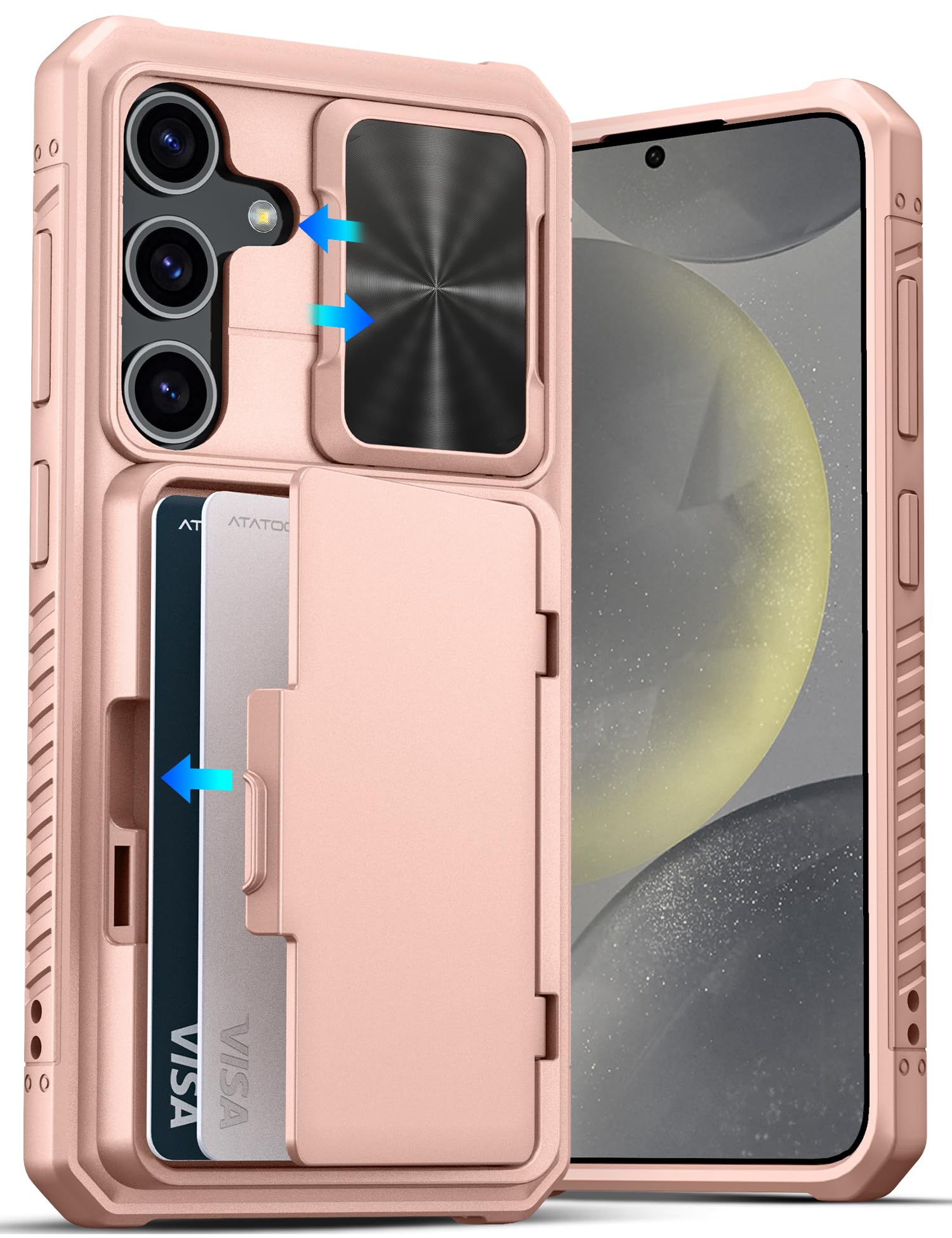 ATATOO for Samsung Galaxy S24 Case with Card Holder (Store 3-5 Cards) & Slide Lens Cover & Stand, [Military Grade Drop Protection], Shockproof Wallet Phone Cover Case for Galaxy S24 2024, Rose Gold