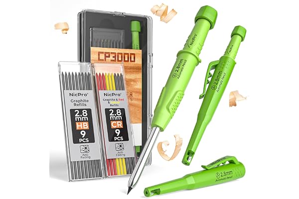 Nicpro CP3000 Carpenter Pencil with Sharpener, Mechanical Pencils Set with 19 Refills, Deep Hole Marker for Construction, Hea