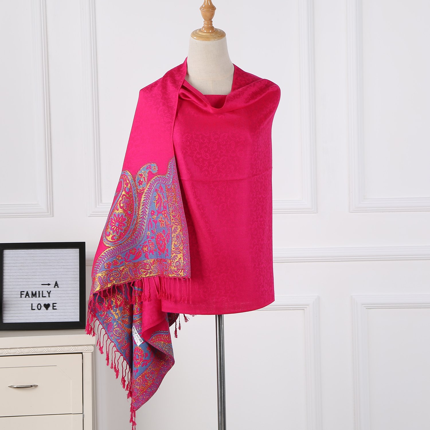 Women Paisley Pashmina Shawl – Soft Cotton Flax Tassel Scarf with Embroidery – Sun proof Beach Head Scarf and Wraps (rose red)