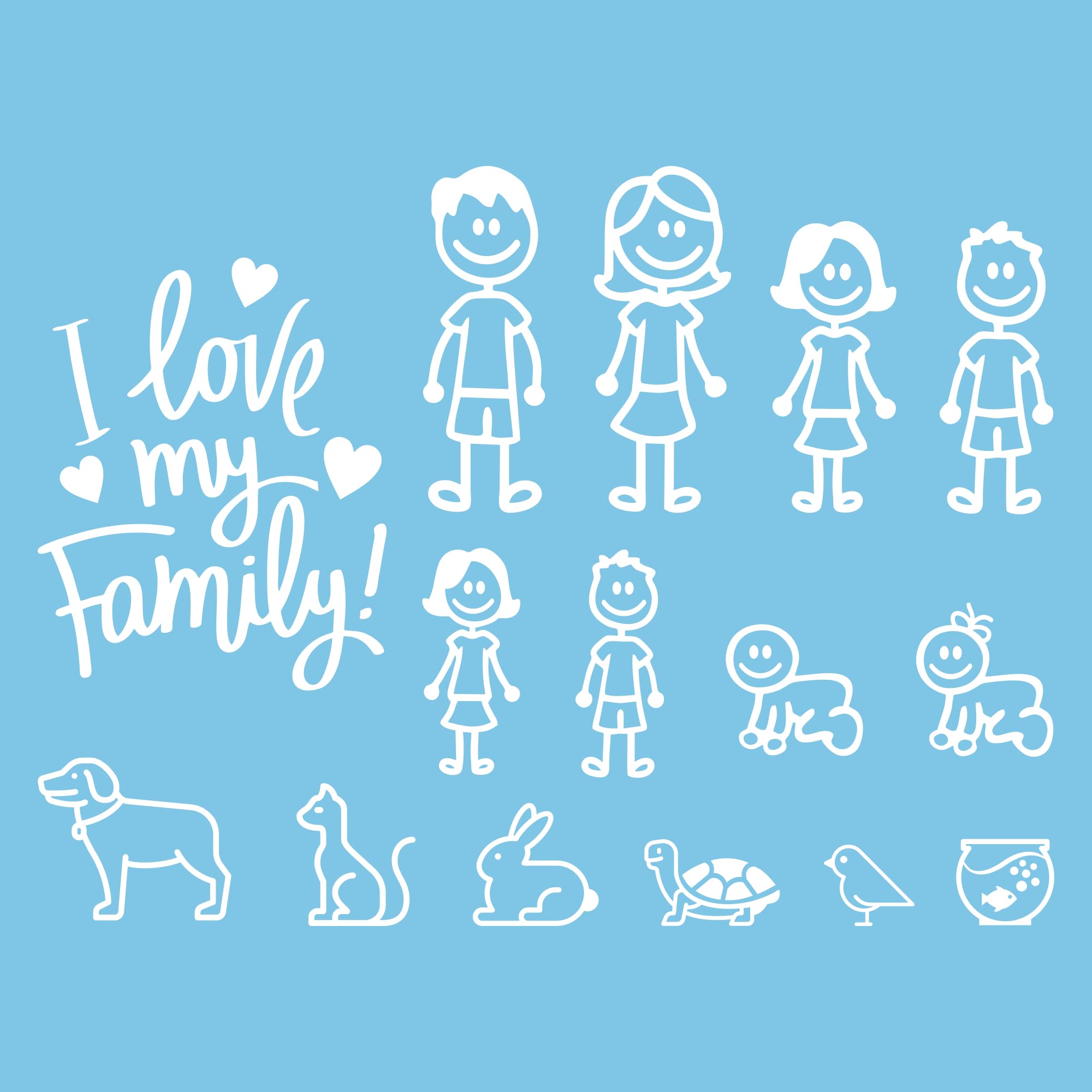 Autodomy Happy Family Stickers Pack of 15 Units + Sticker I Love My Family | Family Car Stickers Resistant to Rain and Sun | Stick Family Car Stickers (White)