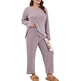 ZHUHOUSE Womens Plus Size Lounge Pajamas 2 Piece Pj Sets Soft Long Sleeve Ribbed Tops Wide Leg Pants with Pockets