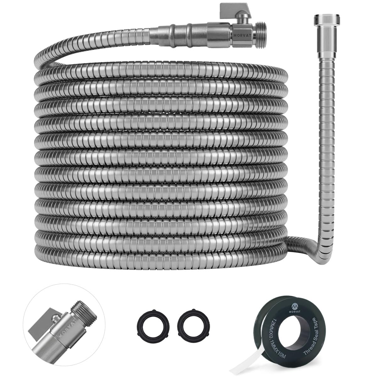 Morvat 50 Foot Stainless Steel Garden Hose with Shut-Off Valve, Garden Hose Stainless Steel 50ft, Resistant to Tangles and Punctures, Heavy Duty Garden Hose 50 FT