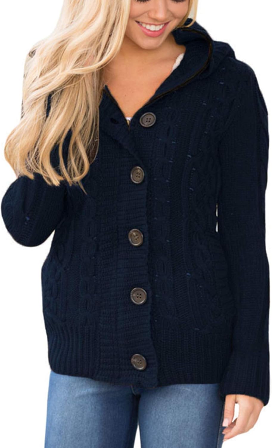Sidefeel Women Hooded Knit Cardigans Button Cable Sweater Coat