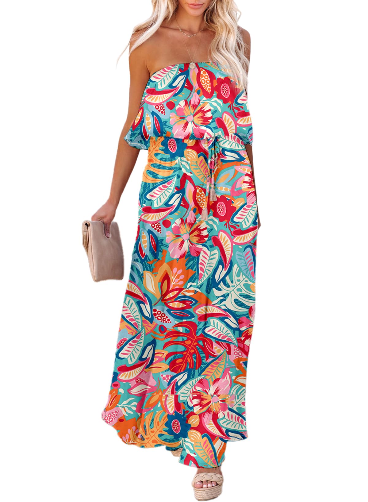 Photo 1 of Dokotoo Women Strapless Dress High Waist Side Split Flowy Sexy Dresses Summer Boho Floral Print Maxi Dress Off The Shoulder Wedding Guest Dresses for Women Large