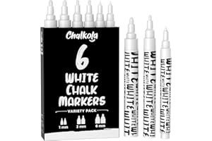 Chalkola White Chalk Markers - White Dry Erase Liquid Chalk Pens for Chalkboard, Blackboard, Window, Bistro, Car Glass, Board, Signs - Variety Pack of 6 - (2x) 1mm, 3mm & 6mm