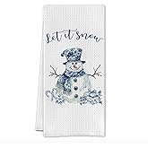 SereneHanctuary Chinoiserie Snowman Winter Kitchen Towels, Blue and White Christmas Snowman Dish Tea Towels, Snow Christmas Decorative Hand Towel for Kitchen Bathroom, 16x24 Inch