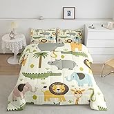 Feelyou Nursery Cute Wild Animals Bedding Set for Girls Boys Child Kids Cartoon Lion Giraffe Crocodile Comforter Decor Nature Wildlife Comforter Set Zoo Animal Theme Duvet Set Toddler Size Quilt Set