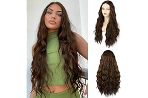 WECAN Brown Wigs for Women Long Wavy Brown Wig Natural Wave Dark Brown Wig Middle Part Hair Replacement Wigs Halloween Cosplay Brown Wig Daily Party Wigs