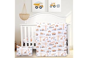JISEN 3 Piece Crib Bedding Set Soft Baby Crib Bedding Set Construction Trucks Crib Comforter Set - Comforter Sheet Pillowcase Nursery Bedding Sets for Baby Girls or Boys