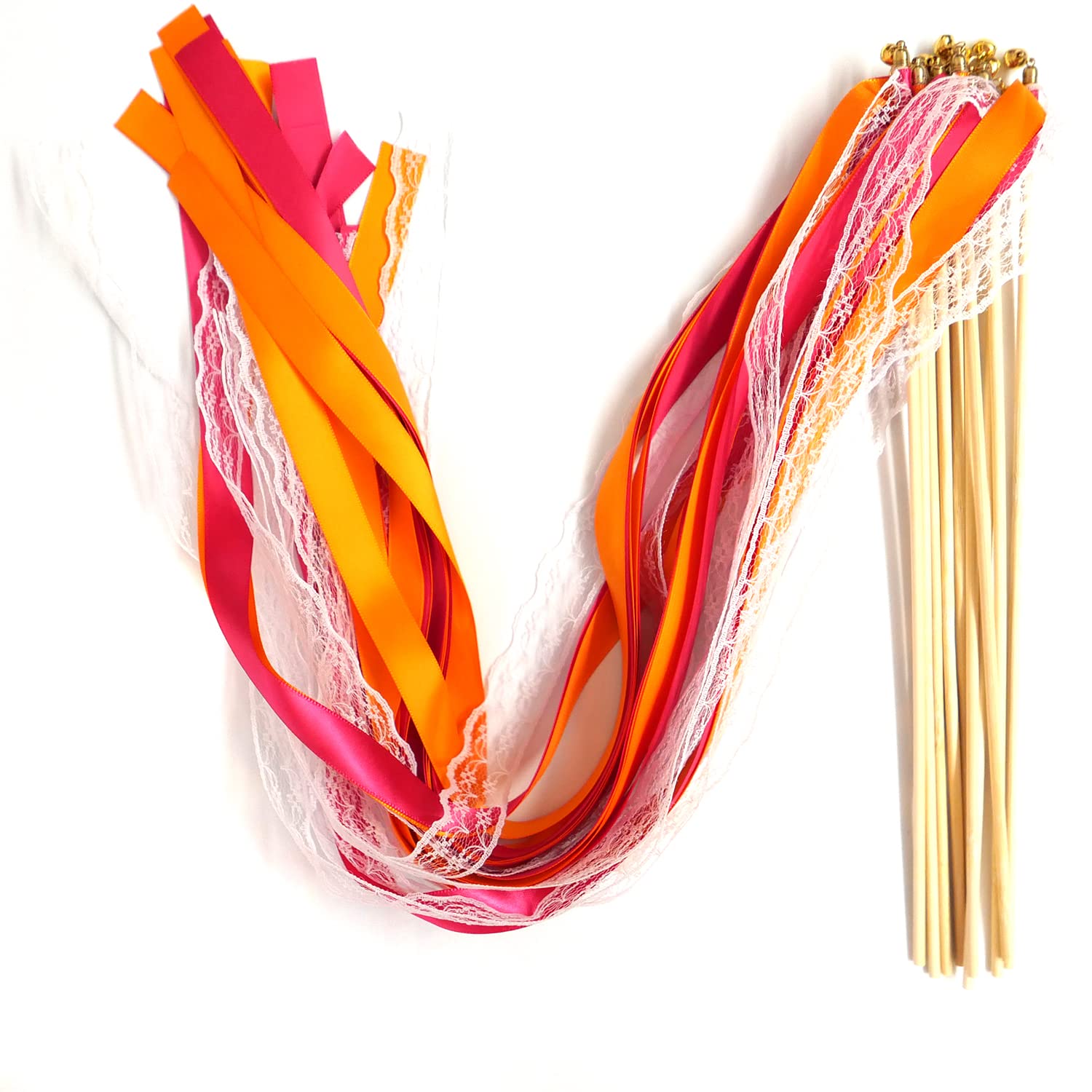 Pack of 50 Silk Fairy Wands with Bells, Wedding Streamers, Ribbon, Lace Fairy Wands, Wedding Rands, Lucky Wands, Wedding Walls, for Weddings, Birthdays, Christmas Parties, Baby Showers, Orange