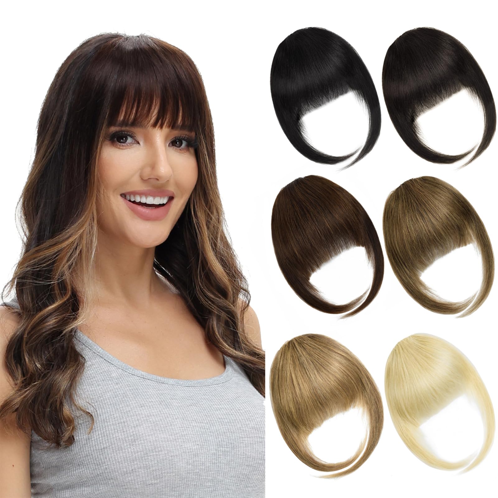 BUYOGET Clip in Fringe Human Hair Extension Natural Light Brown Straight Remy Fringe Clip on Bangs Hair Clip for Women
