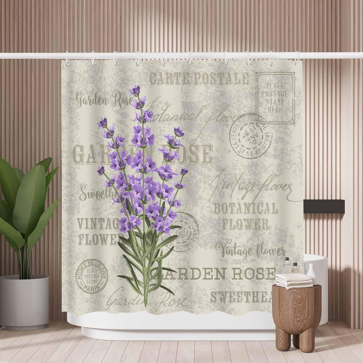 Woutay Shower Curtain Mould Proof Resistant Lavender Flowers with Postcard,Water Repellant Fabric,Polyester,with 12 Plastic Hooks,Size 180x180CM