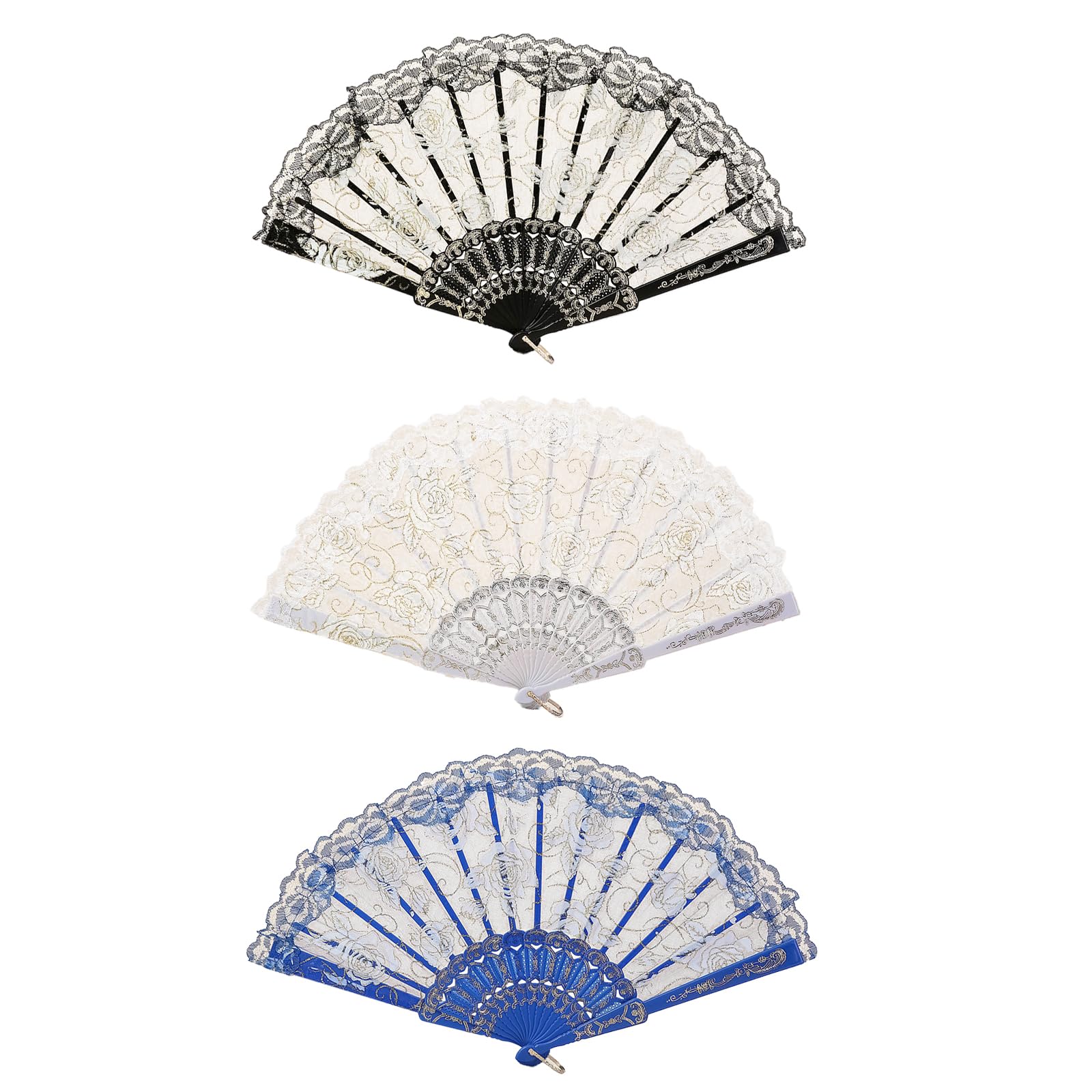 CavspkArt 3 Pcs Lace Hand Fan,Rose Pattern Folding Fans Women,Wedding Bride Hand Fan,Vintage Chinese Lace handheld Fans for Wedding,Gifts,Party Decorations (A)