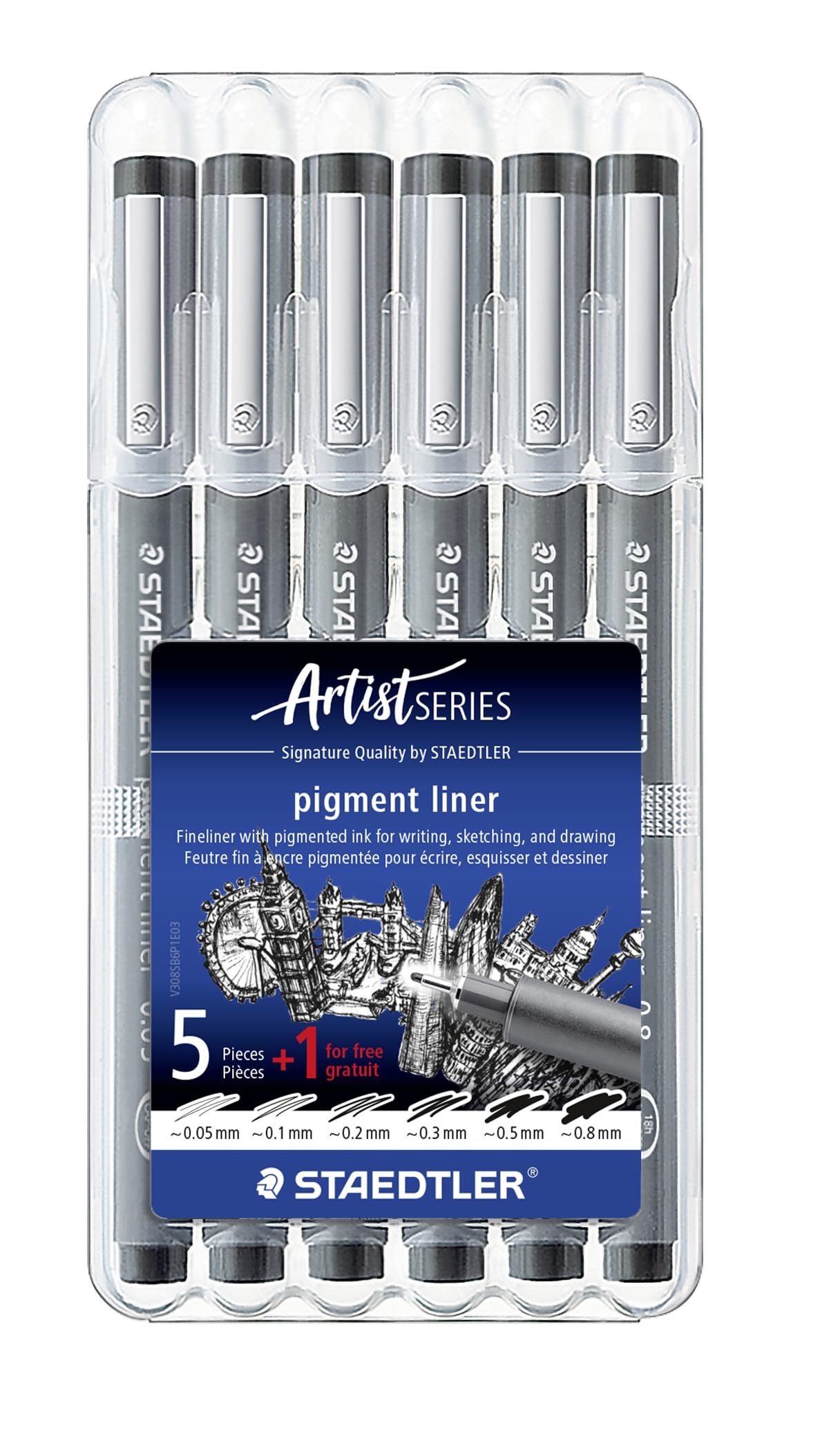 STAEDTLER ‎308 SB6P1 Pigment Liner Fineliner Pens with Assorted Line Width - Black (Set of 5 + 1 Free)