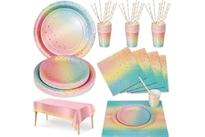 Nkaiso 126 Piece Party Tableware, Rainbow Colors Theme Kids Birthday Decoration Party Accessories Set, Birthday Paper Cups Pa