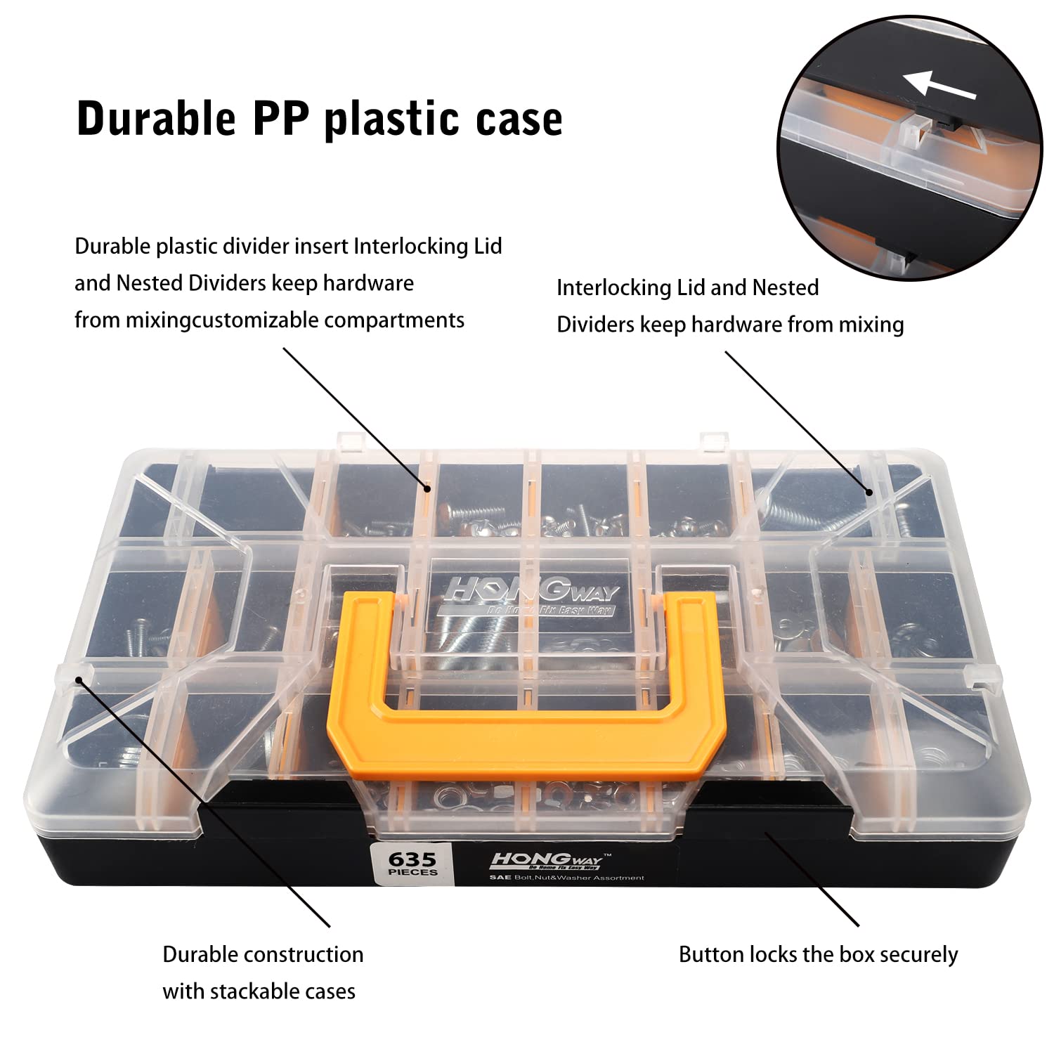 HongWay 2000pcs Hardware Assortment Kit, Nuts and Bolts Assortment Kit with 64 Sizes Bolts, Nuts & Washers Assortment and Metal & Wood Screw Organizer (3 Trays)