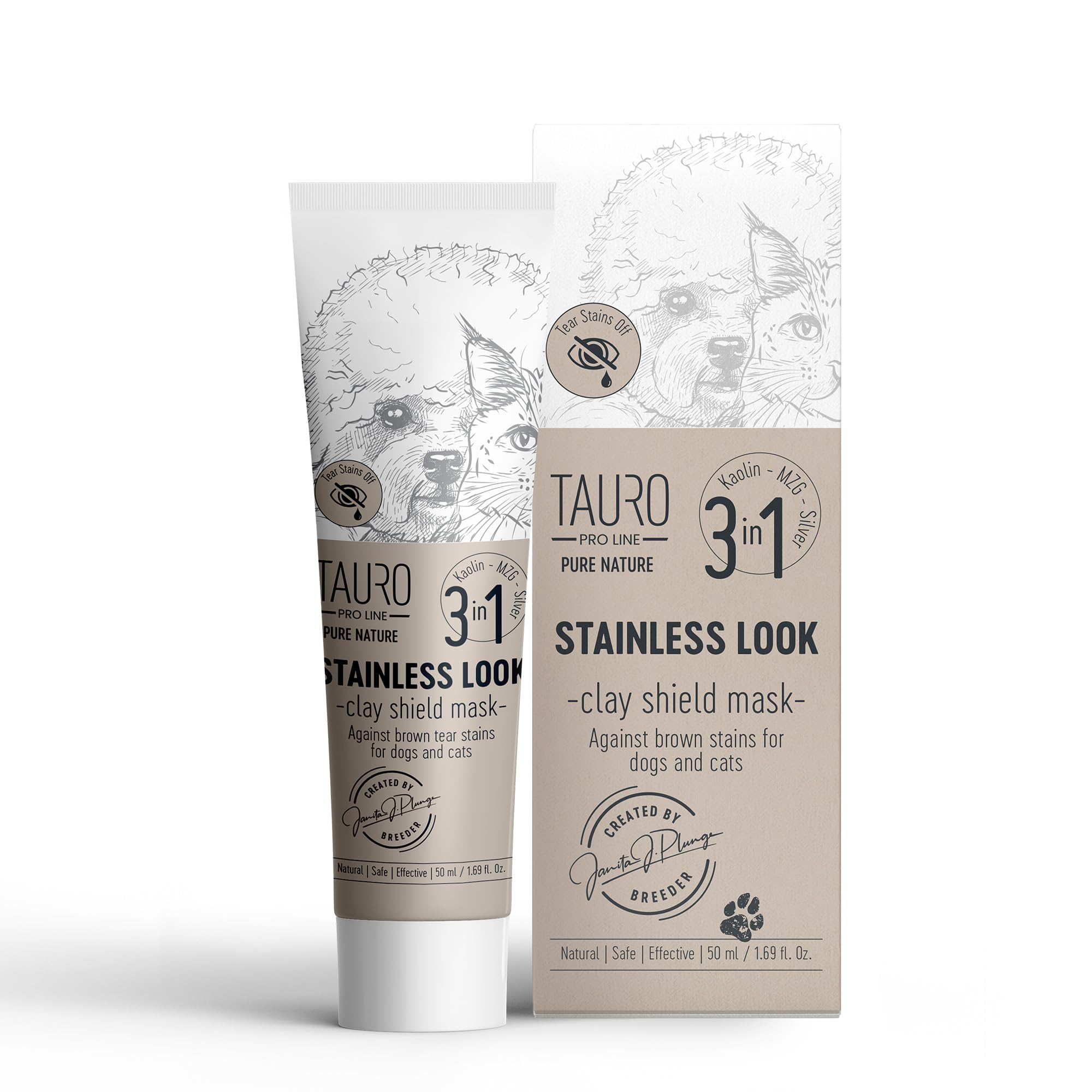 Tauro Pro Line Pure Nature Stainless Look Clay Shield Mask Tear Stain Remover, Skin & Ear Cleaner for Dogs & Cats - Natural Grooming Product Ideal for Pet Eyes, Ears, Mouth Area 50 ml.