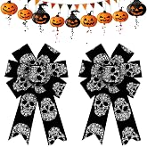 Hying 2 Pieces Halloween Bows for Wreath, Halloween Skull Wreath Bows Black White Burlap Bows Halloween Skeleton Craft Bows Day of The Dead Decorative Bows for Front Door Halloween Party Decorations
