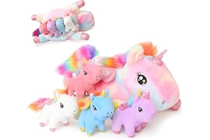 SQEQE Unicorn Stuffed Animal Colorful Unicorn Plush with 4 Babies in Her Tummy Lovely Rainbow Birthday Animal Stuffy Toy Gift
