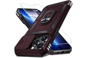 Janmitta Case for iPhone 14 & iPhone 13 Phone Cover Built in Slide Camera Lens Cover+Screen Protector,Heavy Duty Shockproof Full Body PhoneCase with Finger Ring Holder Kickstand,Wine Red