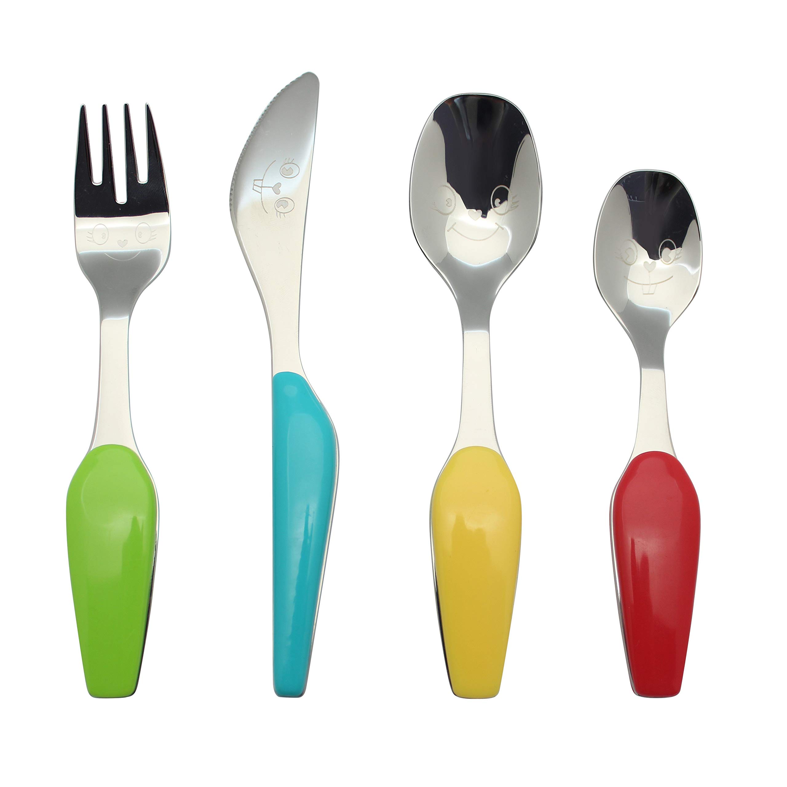Exzact Childrens Cutlery 4pcs Stainless Steel/Kids Cutlery - 1 x Fork, 1 x Knife, 1 x Dinner Spoon, 1 x Dessert Spoon - BPA Free - Dishwasher Safe (WF220-4)