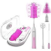 Electric Bottle Brush Cleaner New Upgrade, Portable Electric Baby Bottle Brush Cleaner for Travel, Travel Bottle Cleaner Kit with Nipple & Straw Brush, Perfect Mom Essentials After Birth Gift, Pink