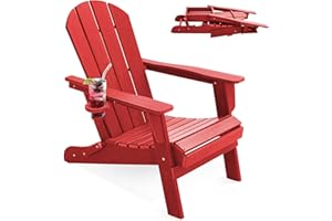 LOUNZY Folding Adirondack Chair with Cup Holder, HDPE All-Weather Folding Patio Chair, Outdoor Patio Adirondack Chair for Lawn Porch Garden Backyard Deck Fire Pit, Dark Red