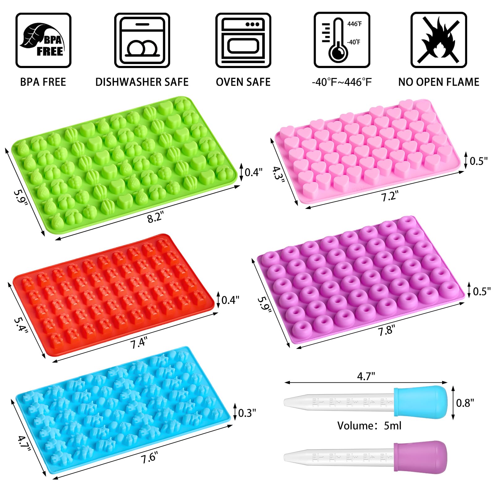 5 Pcs Mini Gummy Candy Molds with 2 Dropper, Silicone Bear Donut Dinosaur Fruit Snack Molds Non-stick and BPA Free Jello Candy Mold for Small Chocolate Gummies
