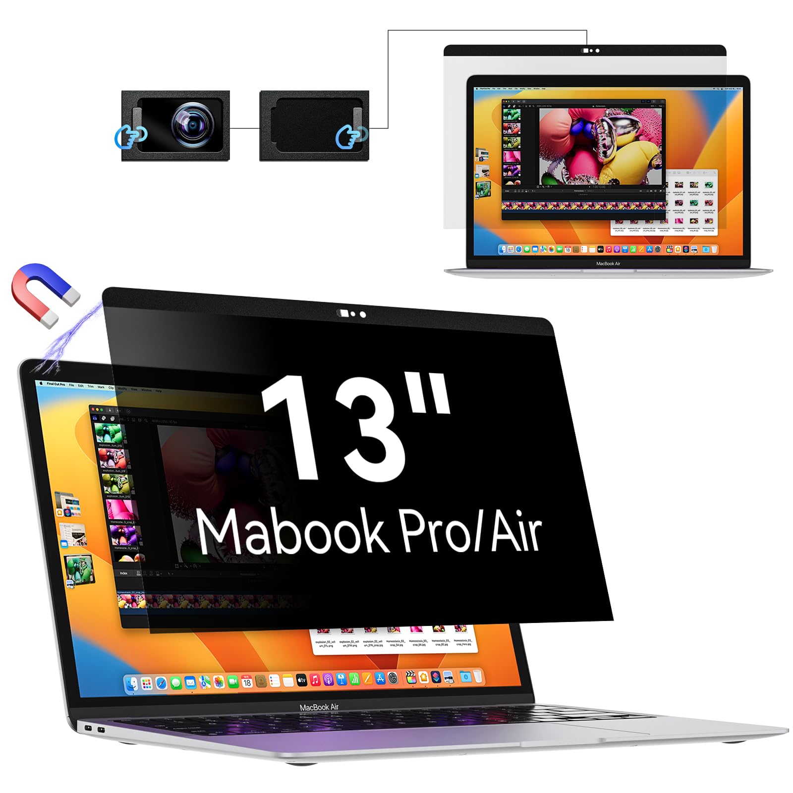 Photo 1 of Privacy Screen MacBook Pro 13 Inch(2016-2022, M1, M2)/MacBook Air 13 in (2018-2021, M1), Magnetic Removable Anti Glare Blue Light Filter with Camera Cover,Anti Spy Laptop Screen Protector for Mac 13In