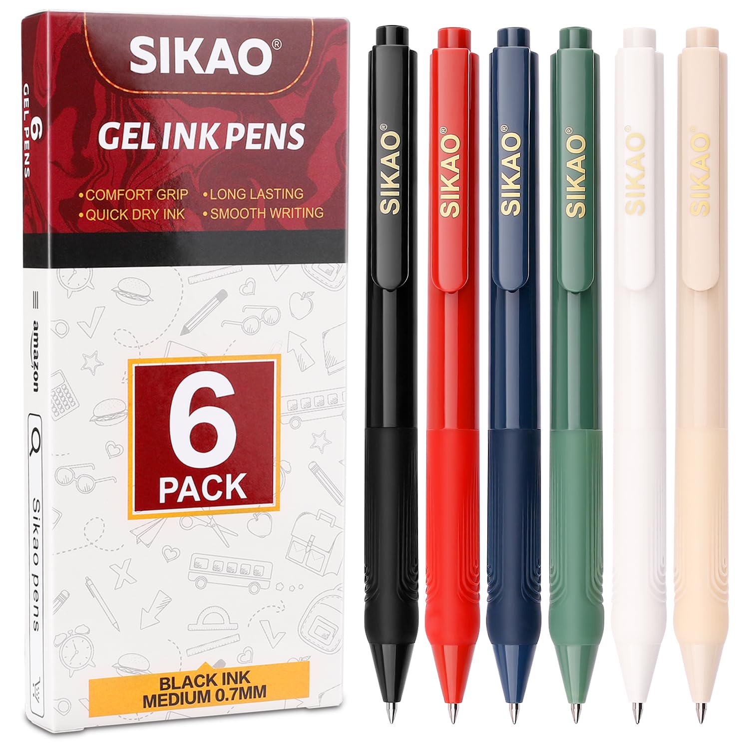 Sikao Gel Pens Black Ink, Gel Ink Rollerball Pens Multipack, Fine Point Smooth Writing Pens 0.7mm, Super Soft Grip Quick Dry Gel Ink Ballpoint Pens, Click Retractable Pens, School Office (6 Pack)