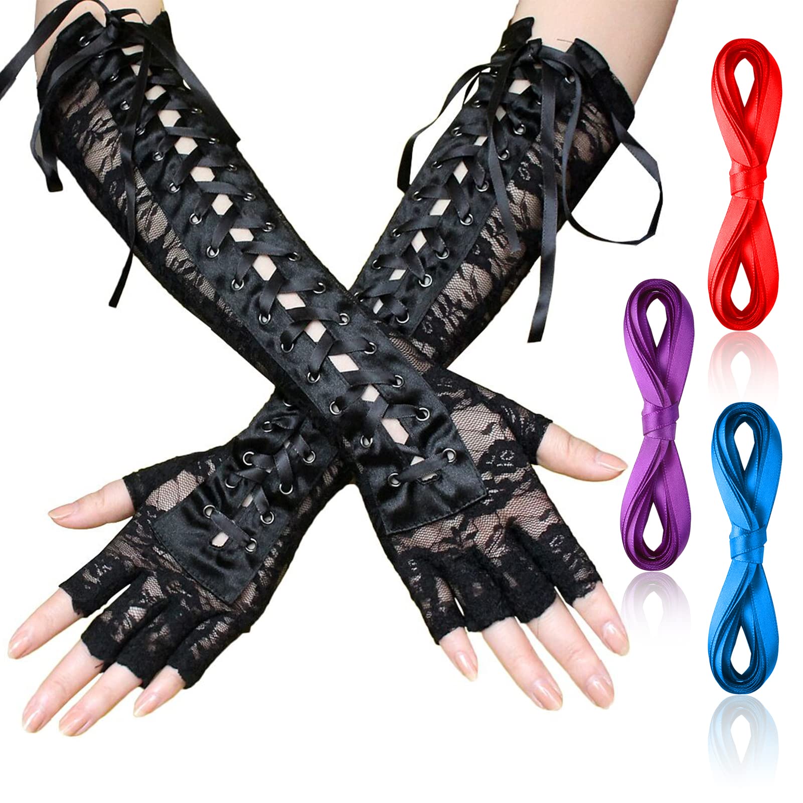 PHOGARY Lace Up Fingerless Gloves Elbow Gloves Goth Punk Arm Warmer Cosplay Assecories for Women (Style A)