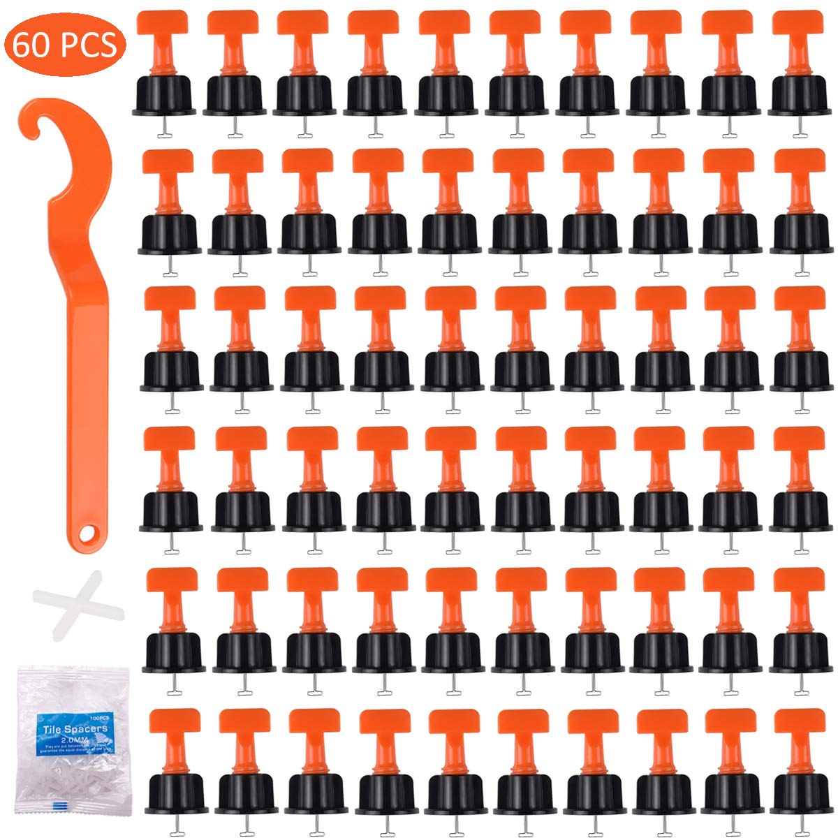 60 PCS Tile Leveler Adjuster, HUYU Reusable Tile Leveling System Kits with Special Wrench and 100 PCS Tile Spacers for Floor Building Floors Walls Ceramic Tile