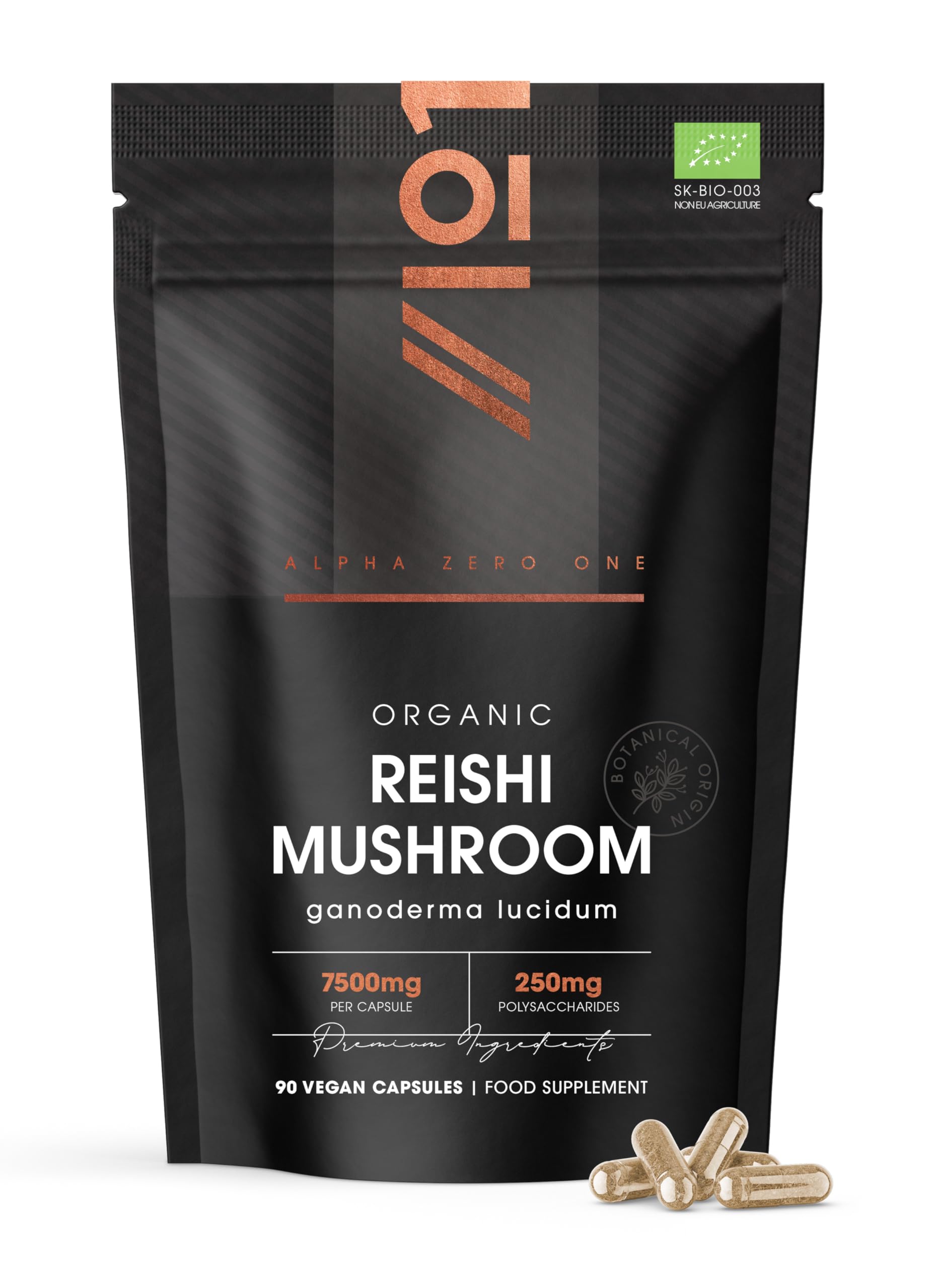 Organic Reishi Mushroom 7500mg – 50% Polysaccharides High Strength Extract Reishi Mushroom Supplement – 90 Vegan Capsules (3 Months Supply) – By Alpha01